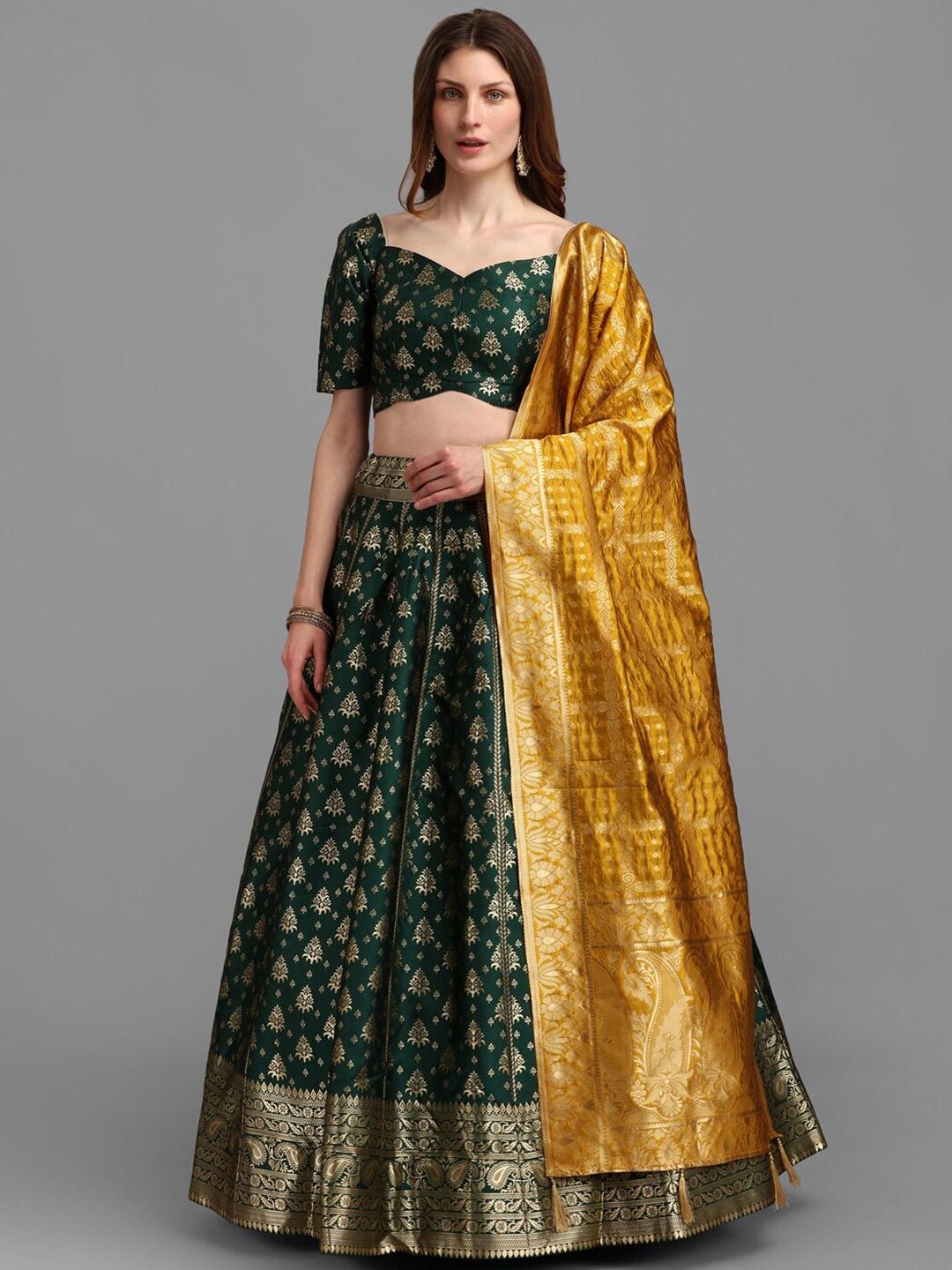 purvaja green & mustard semi-stitched lehenga & unstitched blouse with dupatta