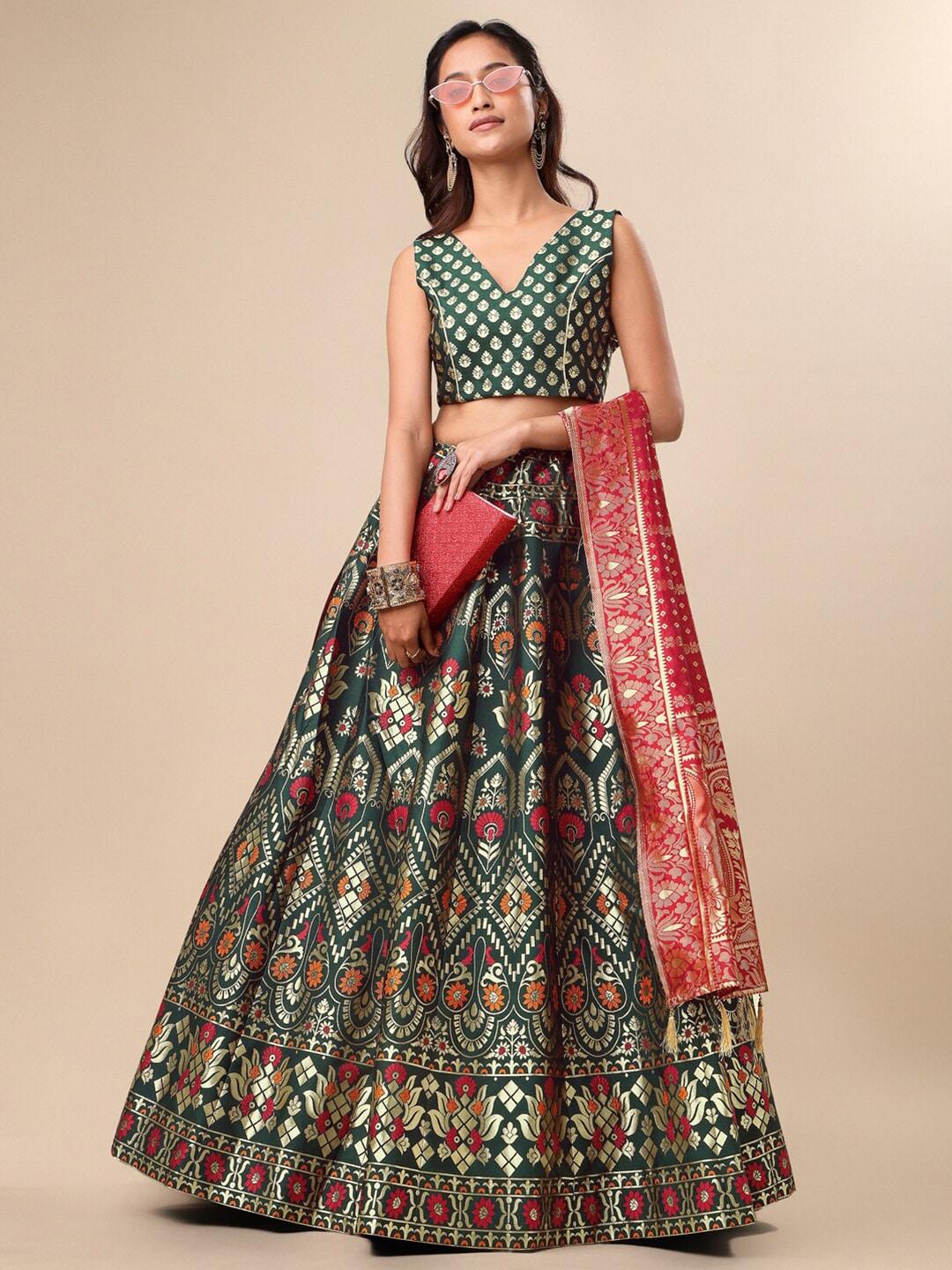 purvaja green & red ready to wear lehenga & unstitched blouse with dupatta