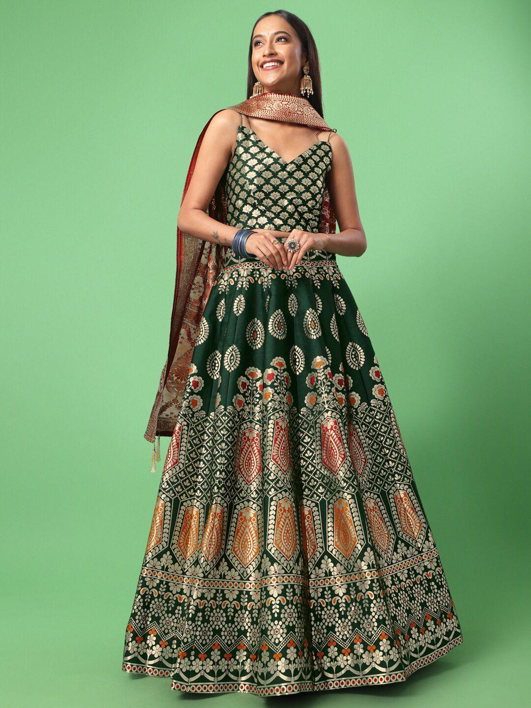 purvaja green & silver-toned ready to wear lehenga & unstitched blouse with dupatta