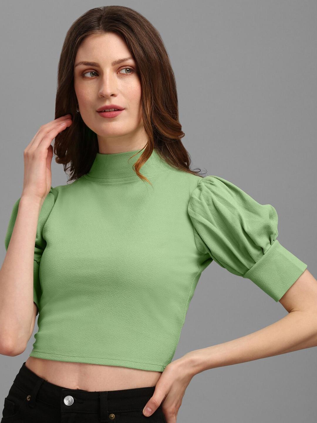 purvaja green solid high neck puff sleeves fitted crop top