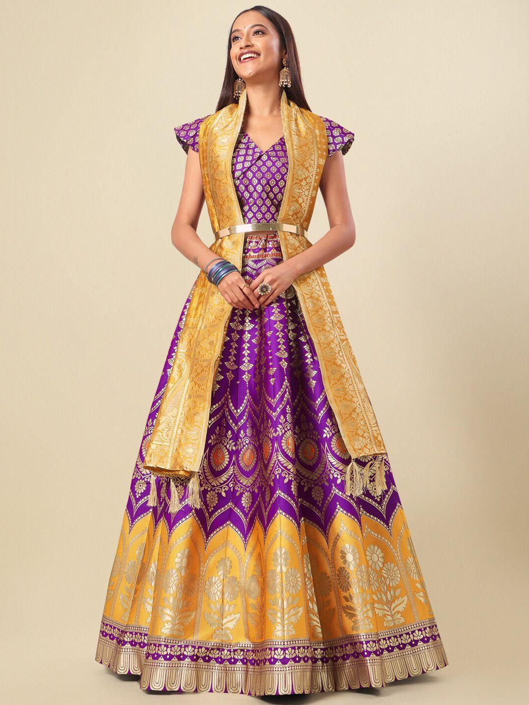 purvaja magenta & yellow ready to wear lehenga & unstitched blouse with dupatta