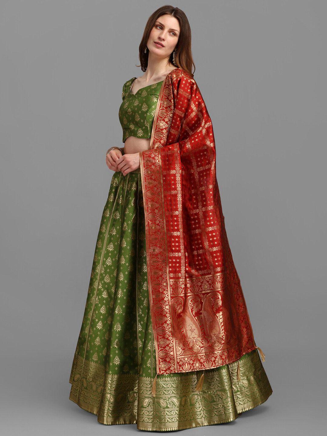 purvaja olive green & red semi-stitched lehenga & unstitched blouse with dupatta
