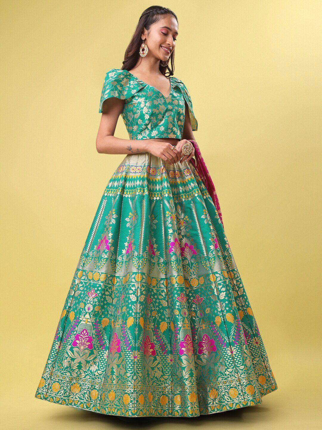 purvaja sea green & pink ready to wear lehenga & unstitched blouse with dupatta
