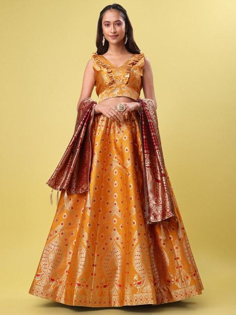 purvaja yellow floral print stitched lehenga & unstitched blouse with dupatta