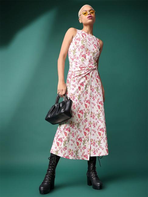 purvaja beige & pink knitted floral print midi dress