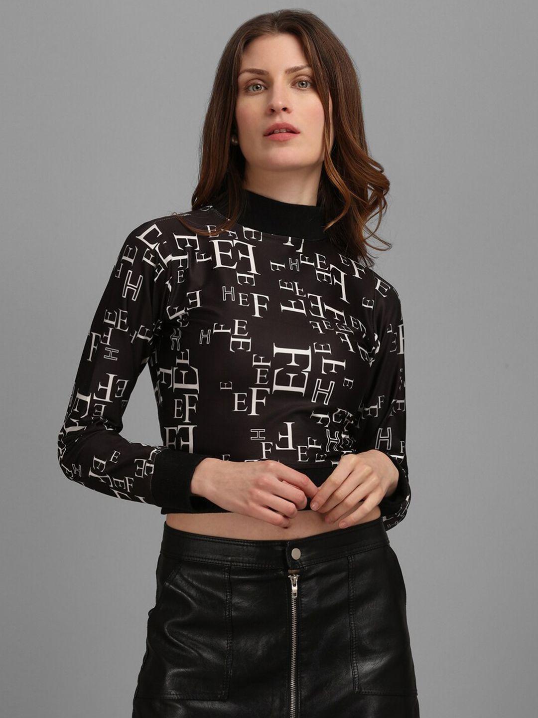 purvaja black typography print high neck  crop top