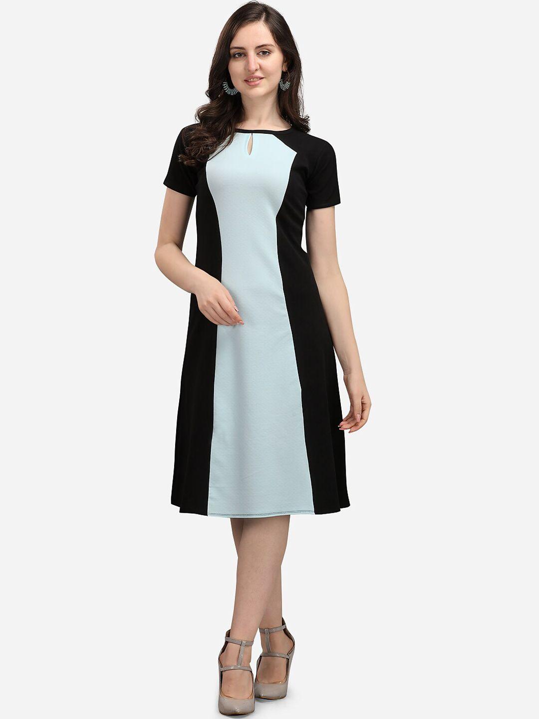 purvaja blue & black colourblocked keyhole neck a-line dress