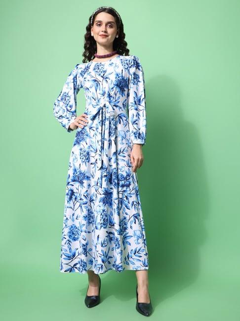 purvaja blue & white knitted floral print midi dress