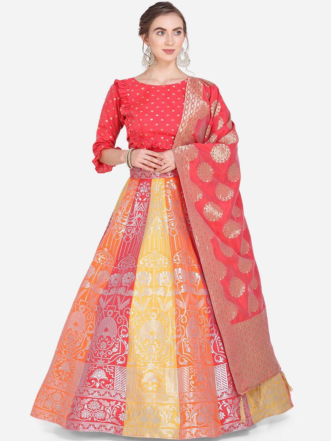 purvaja coral pink & yellow printed semi-stitched lehenga & unstitched blouse with dupatta