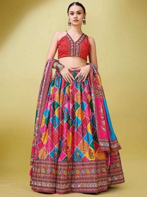 purvaja dark pink printed semi stitched lehenga & unstitched blouse with dupatta