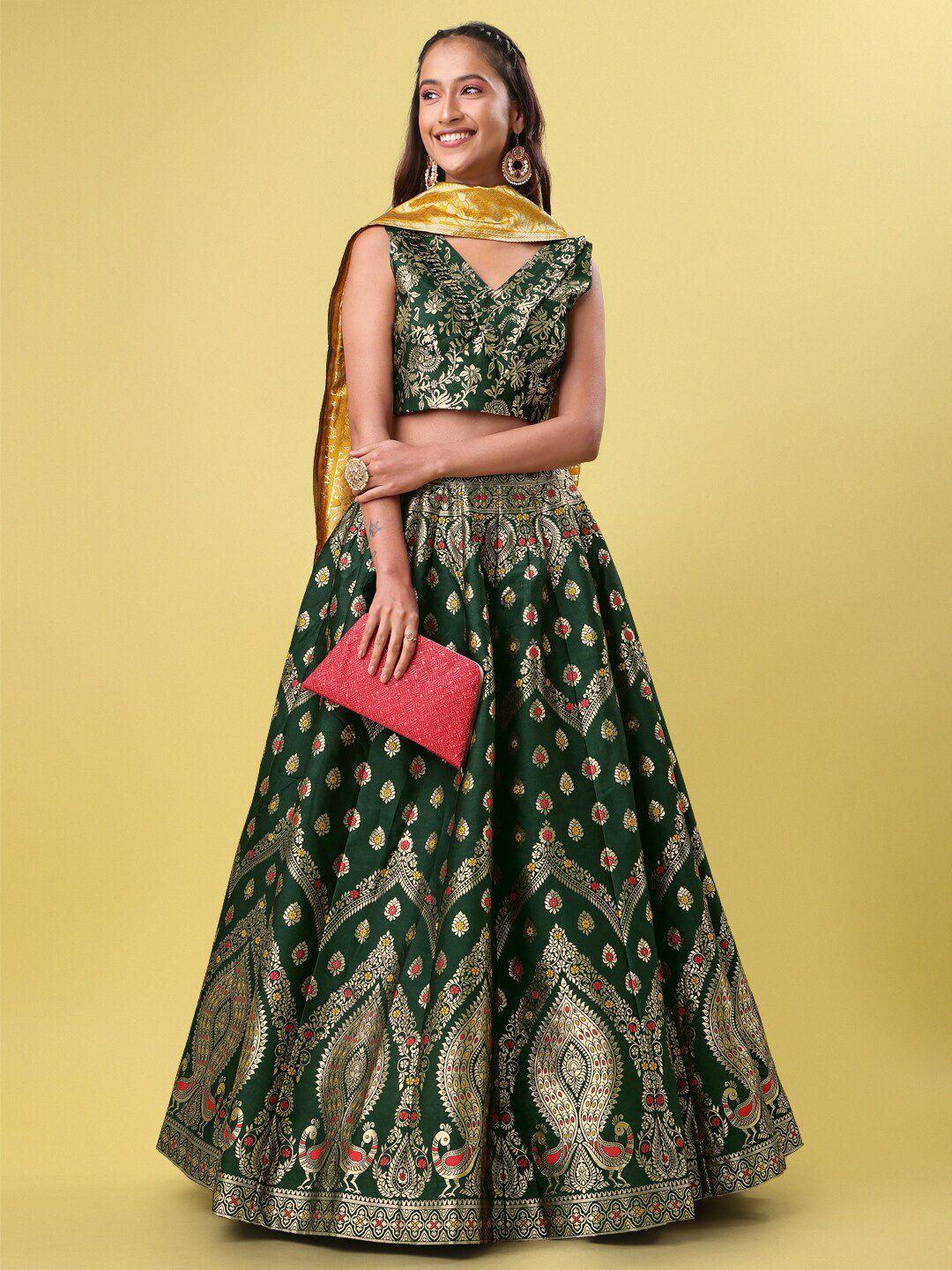 purvaja green & gold-toned ready to wear lehenga & unstitched blouse with dupatta