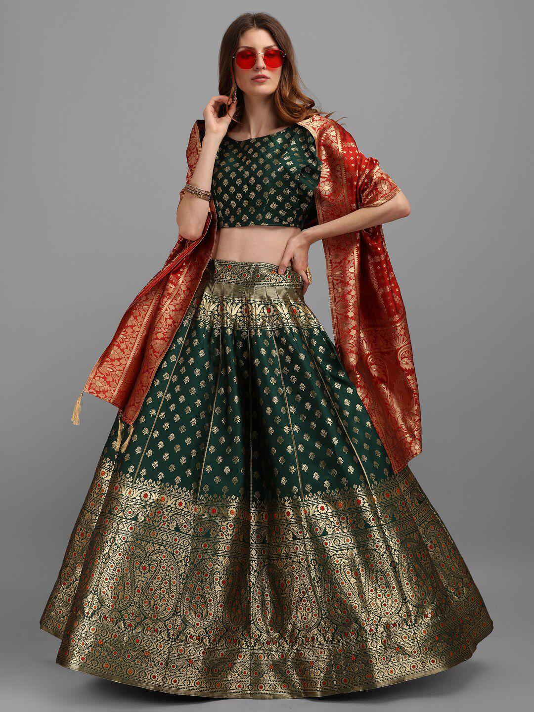 purvaja green & red semi-stitched lehenga & unstitched blouse with dupatta