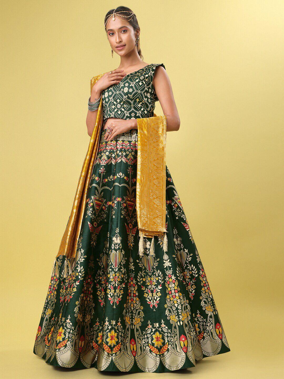 purvaja green & yellow ready to wear lehenga & unstitched blouse with dupatta