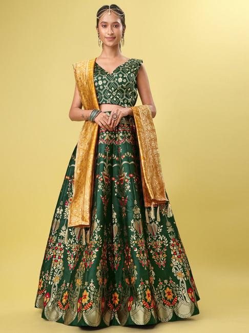 purvaja green floral print stitched lehenga & unstitched blouse with dupatta