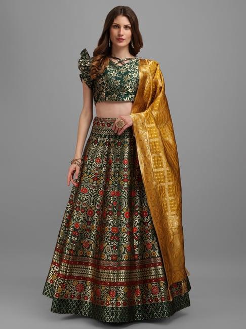 purvaja green floral print stitched lehenga & unstitched blouse with dupatta