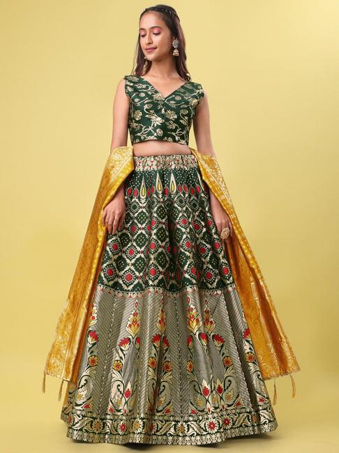 purvaja green floral print stitched lehenga & unstitched blouse with dupatta