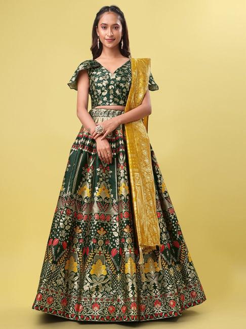 purvaja green floral print stitched lehenga & unstitched blouse with dupatta