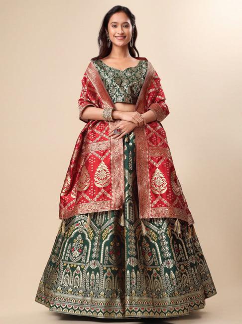 purvaja green floral print stitched lehenga & unstitched blouse with dupatta