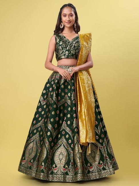 purvaja green floral print stitched lehenga & unstitched blouse with dupatta