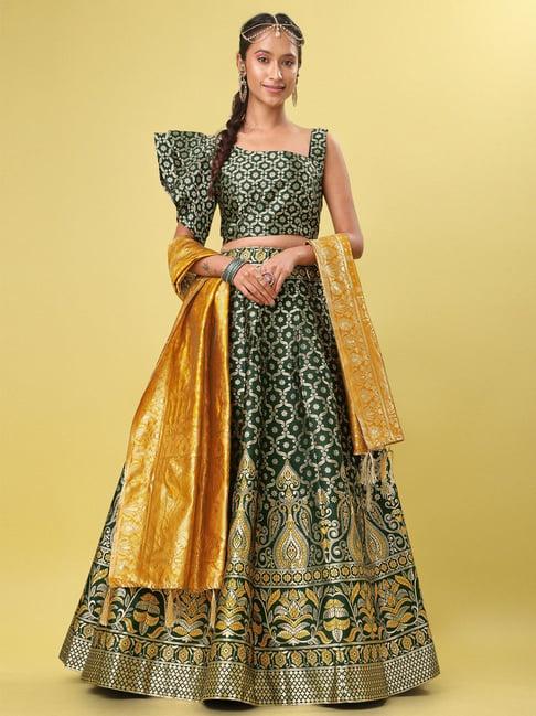 purvaja green printed stitched lehenga & unstitched blouse with dupatta