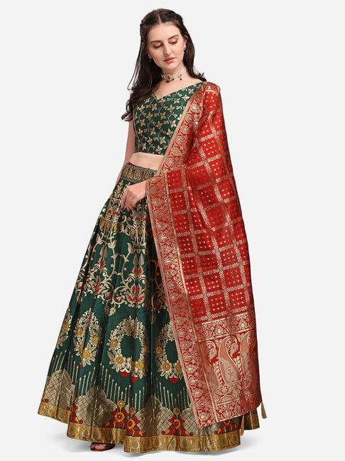 purvaja green printed stitched lehenga & unstitched blouse with dupatta