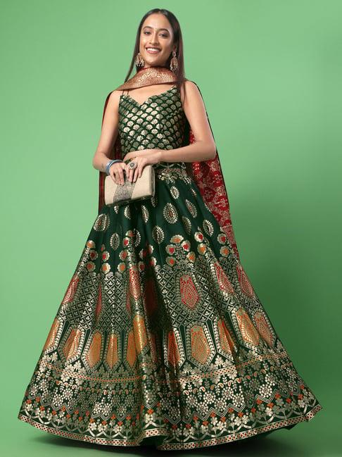 purvaja green printed stitched lehenga & unstitched blouse with dupatta