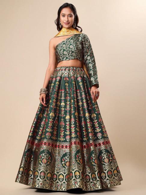 purvaja green printed stitched lehenga & unstitched blouse with dupatta