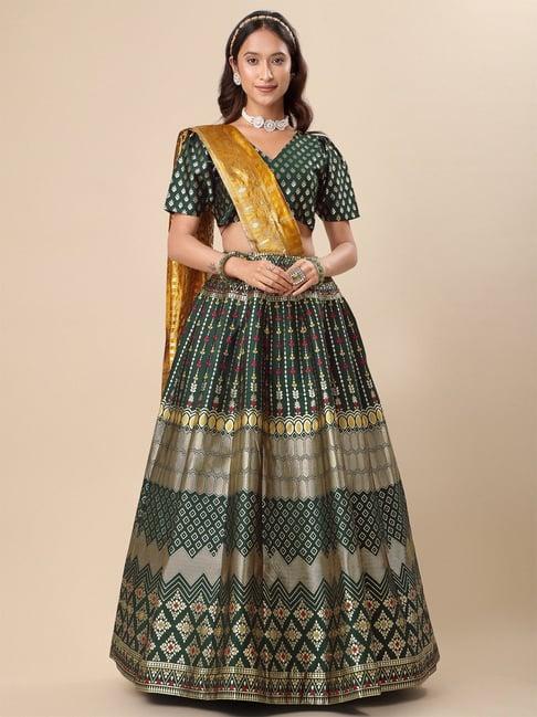 purvaja green printed stitched lehenga & unstitched blouse with dupatta