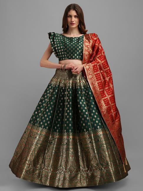 purvaja green printed stitched lehenga & unstitched blouse with dupatta