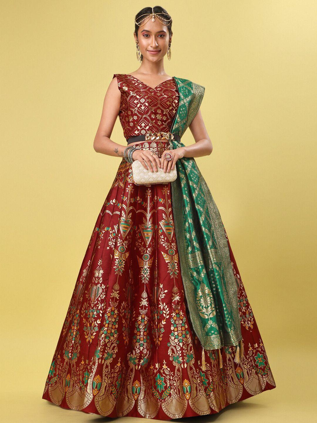 purvaja maroon & green ready to wear lehenga & unstitched blouse with dupatta