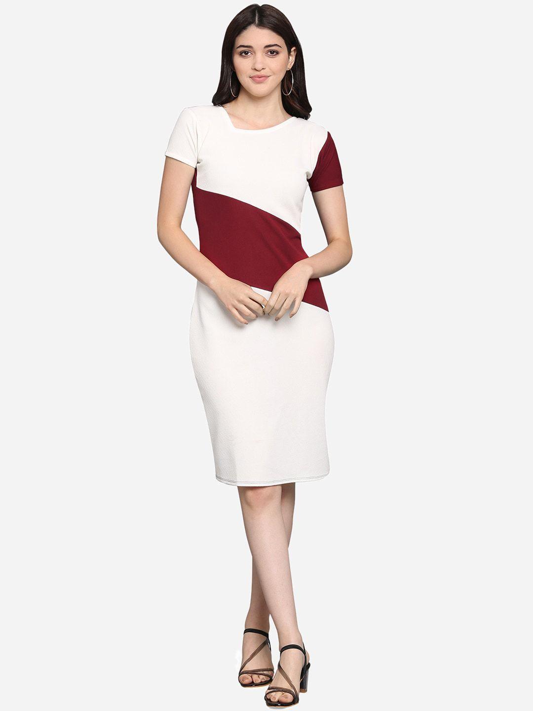 purvaja maroon & white colourblocked sheath dress
