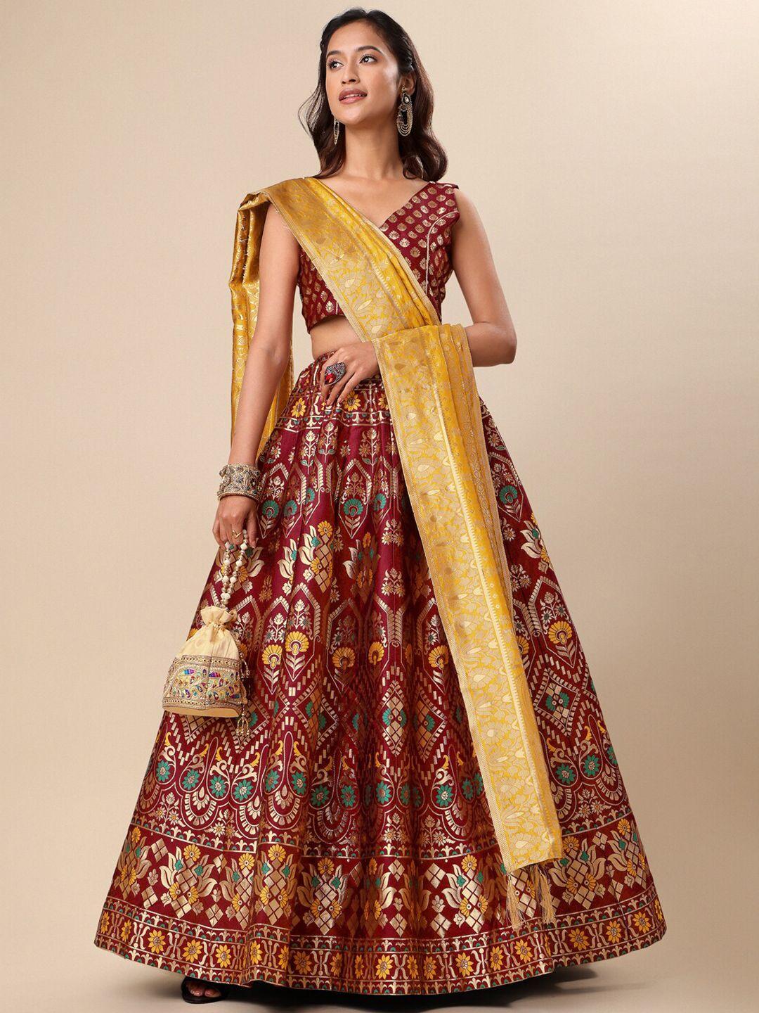 purvaja maroon & yellow ready to wear lehenga & unstitched blouse with dupatta