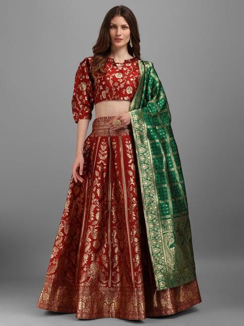 purvaja maroon floral print stitched lehenga & unstitched blouse with dupatta