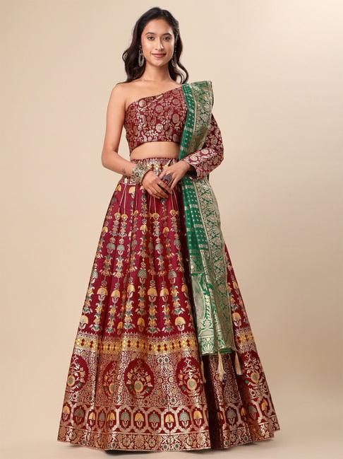 purvaja maroon printed stitched lehenga & unstitched blouse with dupatta