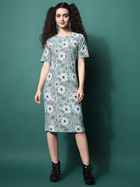 purvaja mint green knitted floral print bodycon dress