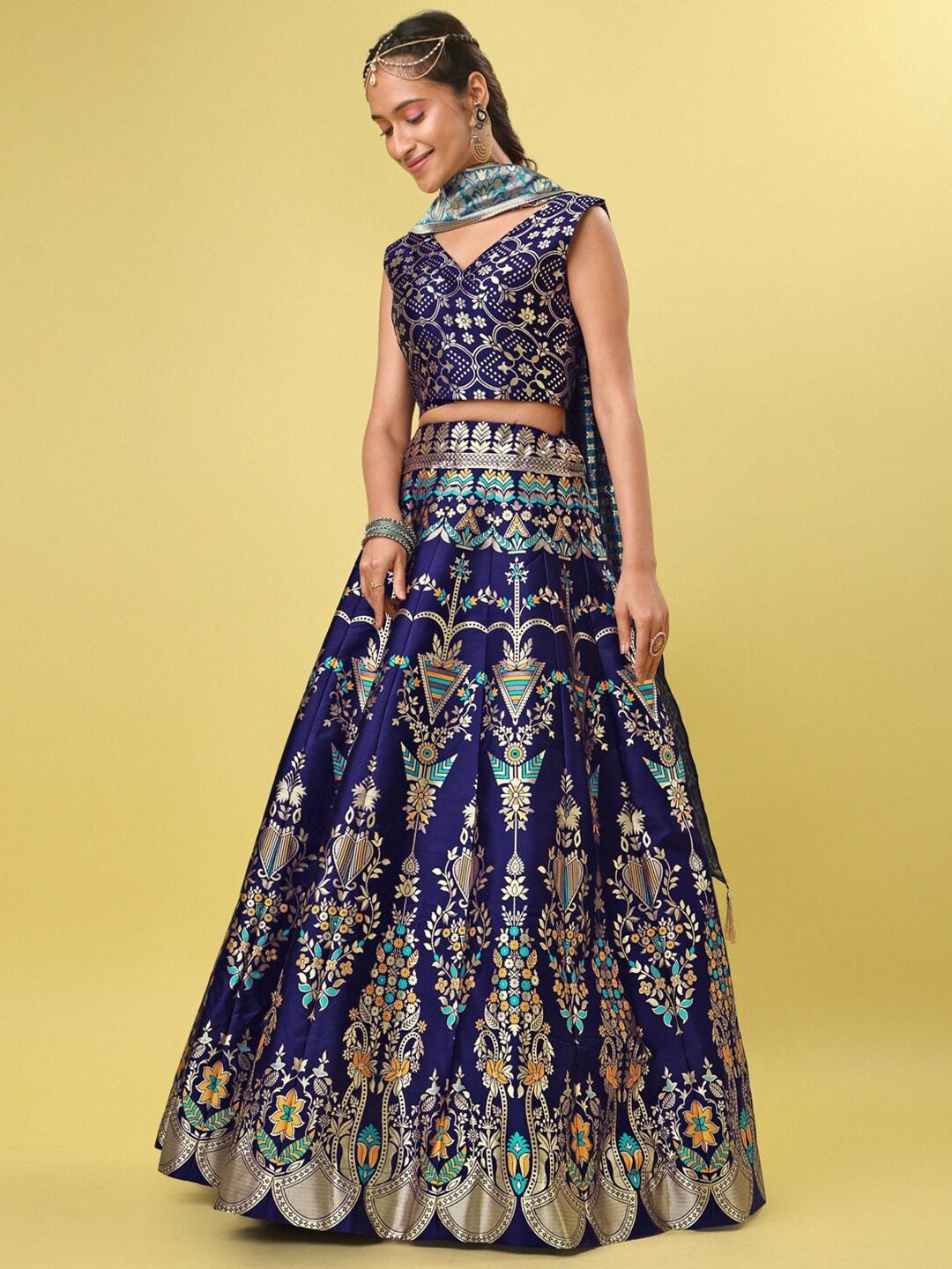 purvaja navy blue & gold-toned ready to wear lehenga & unstitched blouse with dupatta