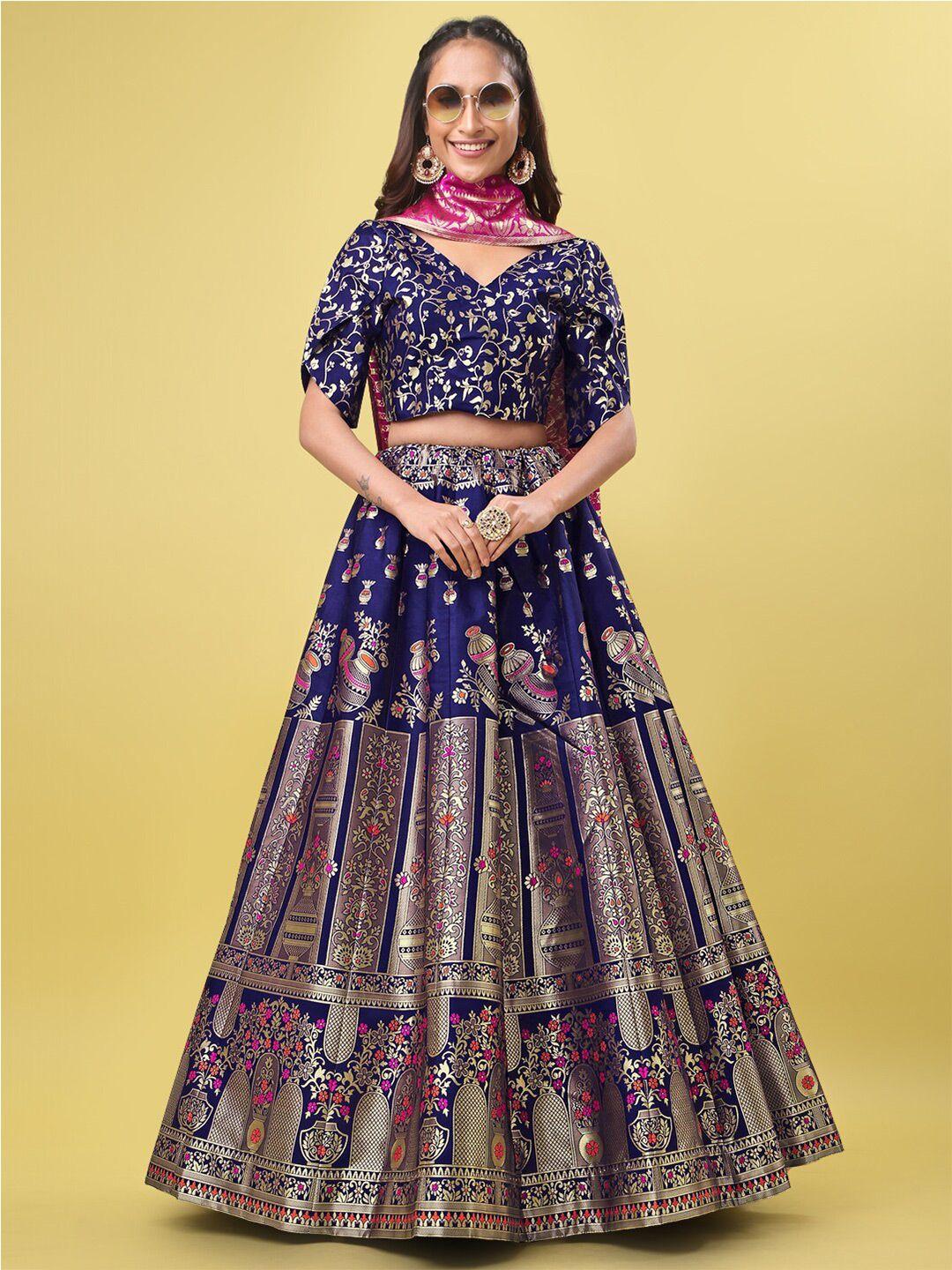 purvaja navy blue & magenta ready to wear lehenga & unstitched blouse with dupatta