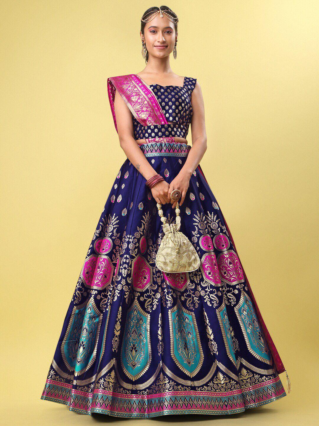 purvaja navy blue & pink ready to wear lehenga & unstitched blouse with dupatta