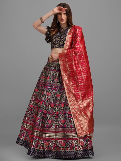 purvaja navy floral print stitched lehenga & unstitched blouse with dupatta