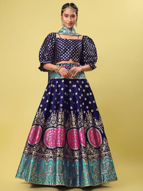 purvaja navy floral print stitched lehenga & unstitched blouse with dupatta