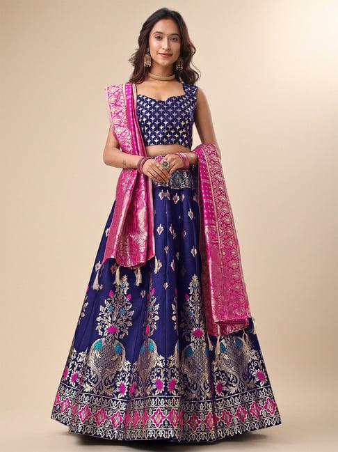 purvaja navy printed stitched lehenga & unstitched blouse with dupatta