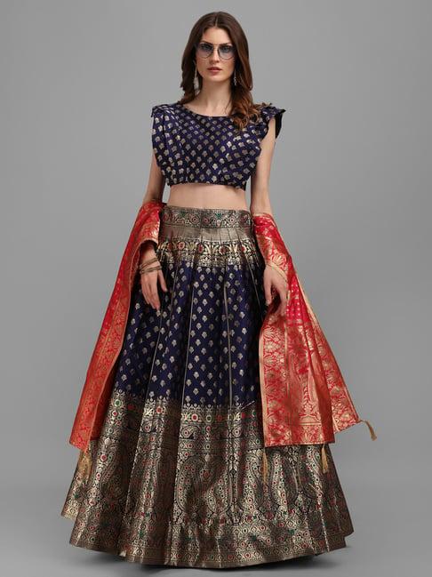 purvaja navy printed stitched lehenga & unstitched blouse with dupatta