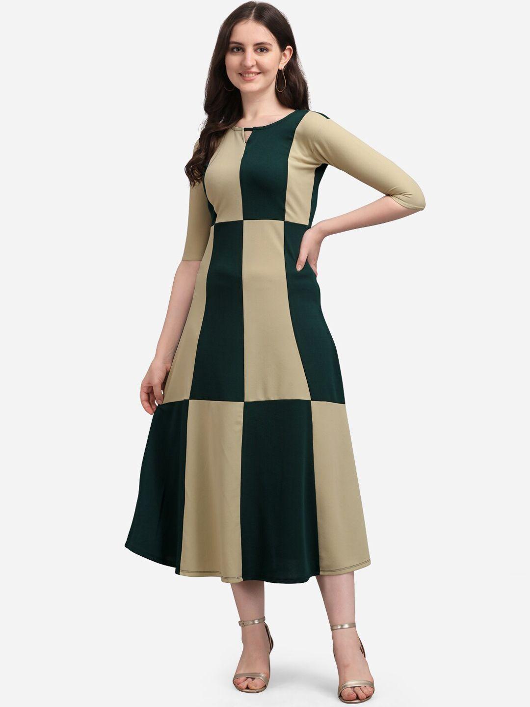 purvaja olive green colourblocked keyhole neck a-line midi dress