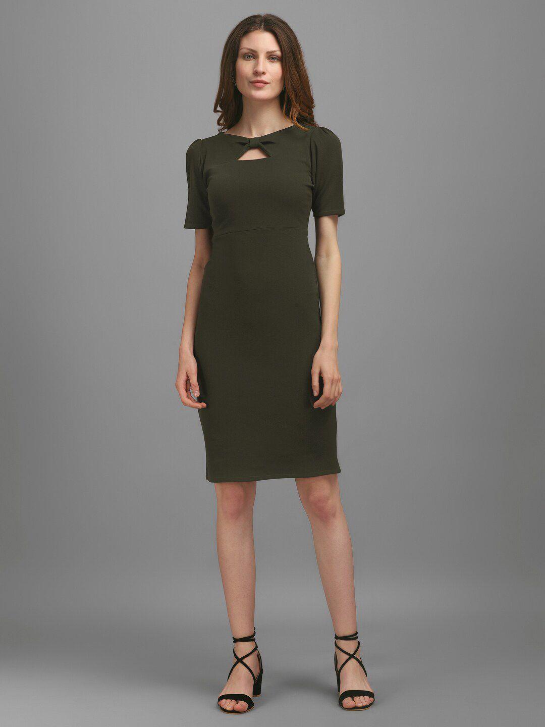 purvaja olive green keyhole neck straight sheath dress