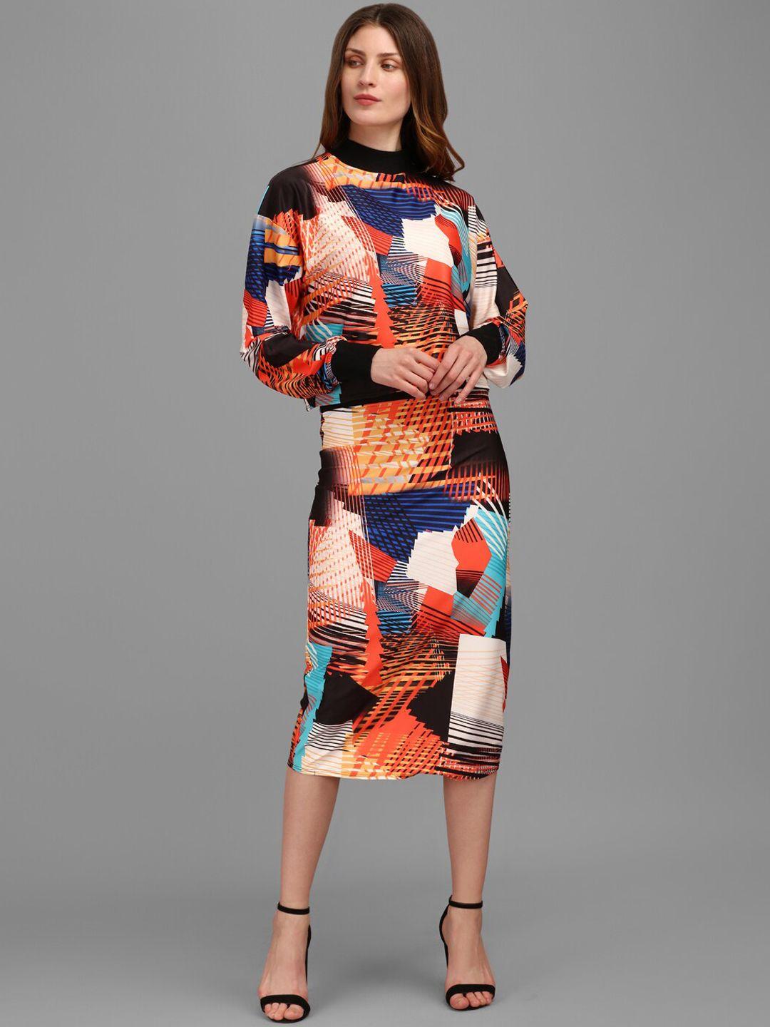 purvaja orange abstract print oversized top with skirt