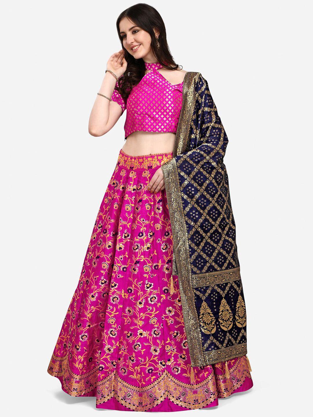 purvaja pink & navy blue ready to wear lehenga & unstitched blouse with dupatta