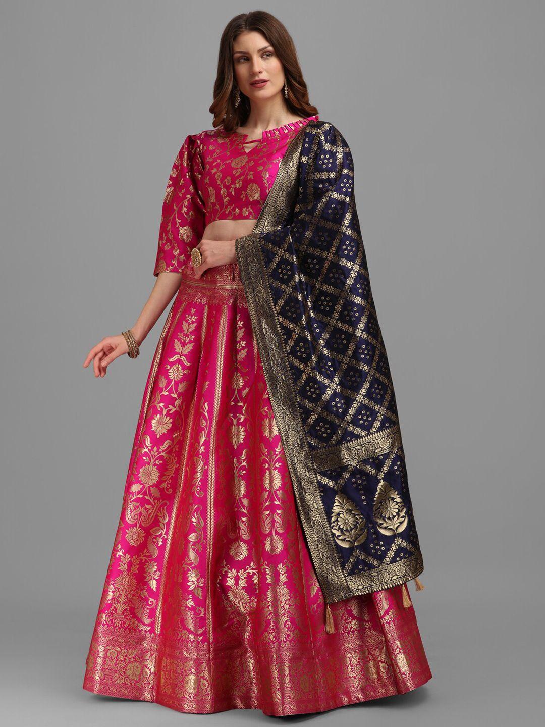 purvaja pink & navy blue semi-stitched lehenga & unstitched blouse with dupatta