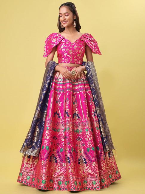 purvaja pink floral print stitched lehenga & unstitched blouse with dupatta