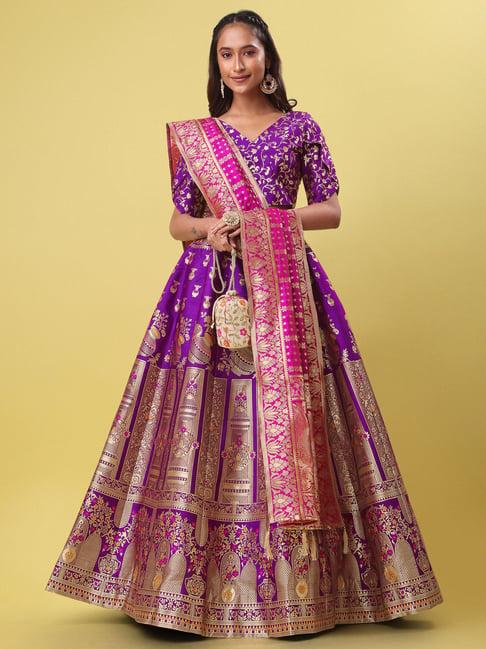 purvaja purple printed stitched lehenga & unstitched blouse with dupatta