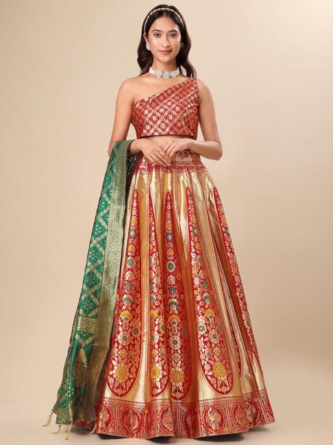 purvaja red floral print stitched lehenga & unstitched blouse with dupatta